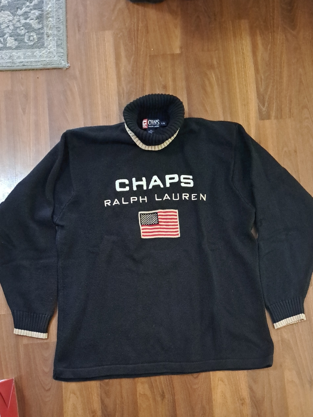 Vintage Chaps Black Turtleneck Sweater with Cream Trim and Flag Patch